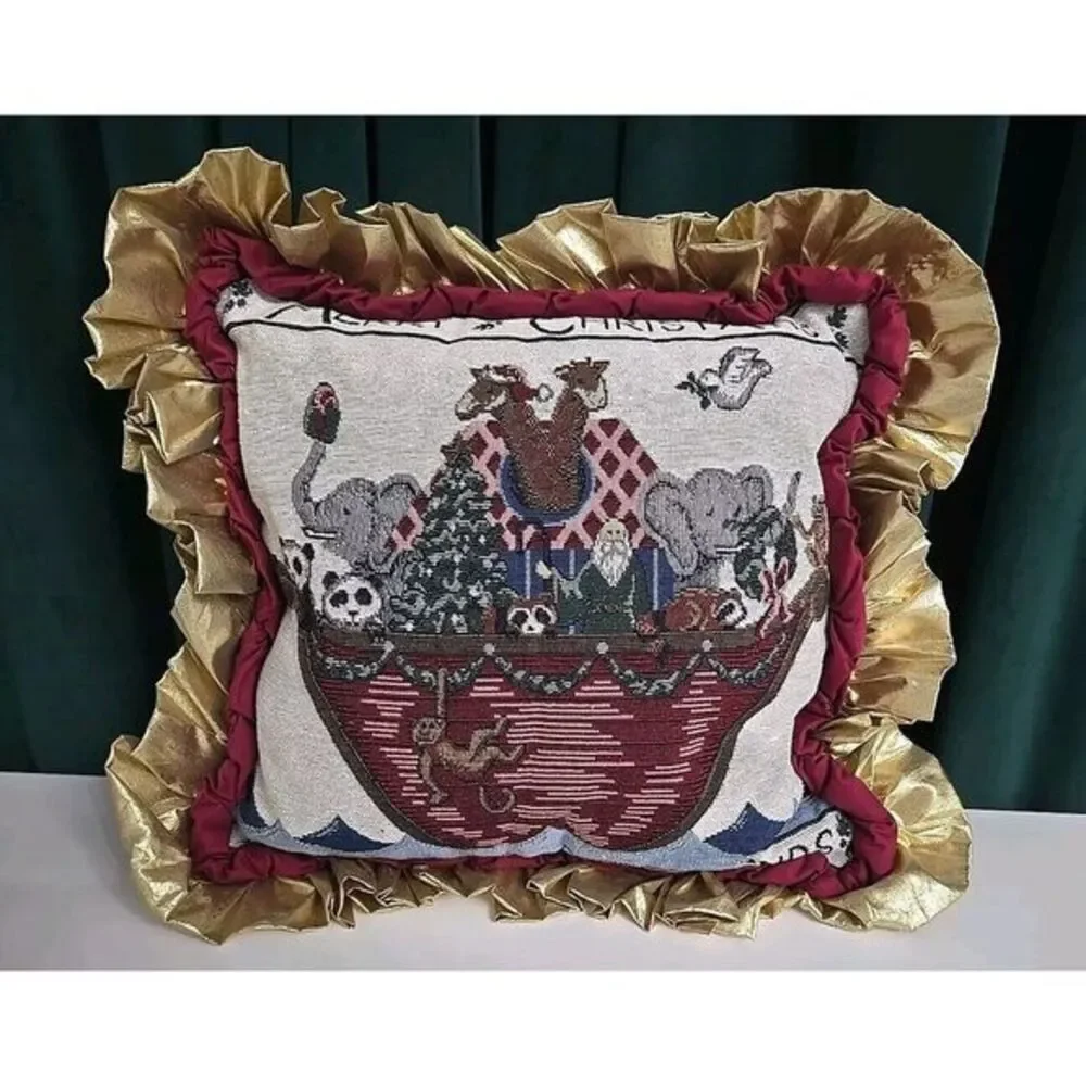Noah's‎ Ark Tapestry Throw Pillow Gold Ruffle 